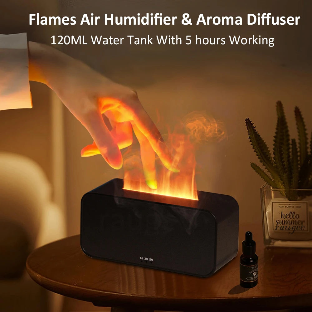 Flames air humidifier and aroma diffuser with 120ML water tank, 5 hours working time for home aromatherapy.